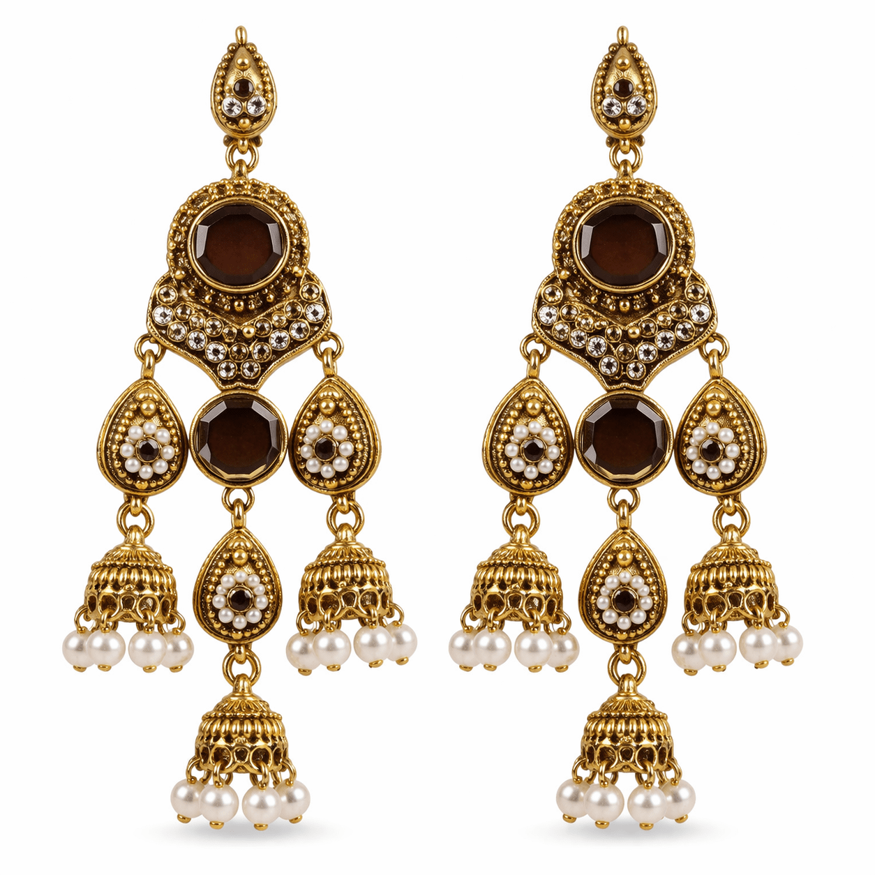 Antique Gold Jhumka Chandelier Earrings – Ruby Kundan & Pearl Drops - Riwaaj