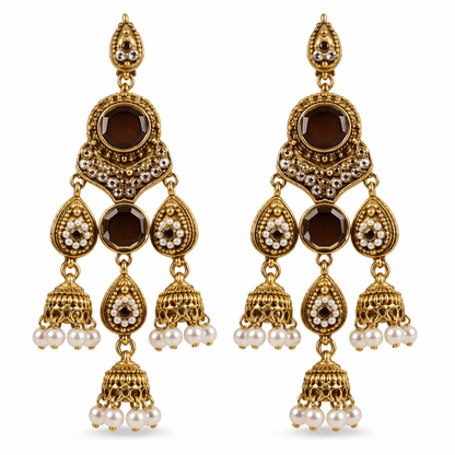 Antique Gold Jhumka Chandelier Earrings – Ruby Kundan & Pearl Drops - Riwaaj