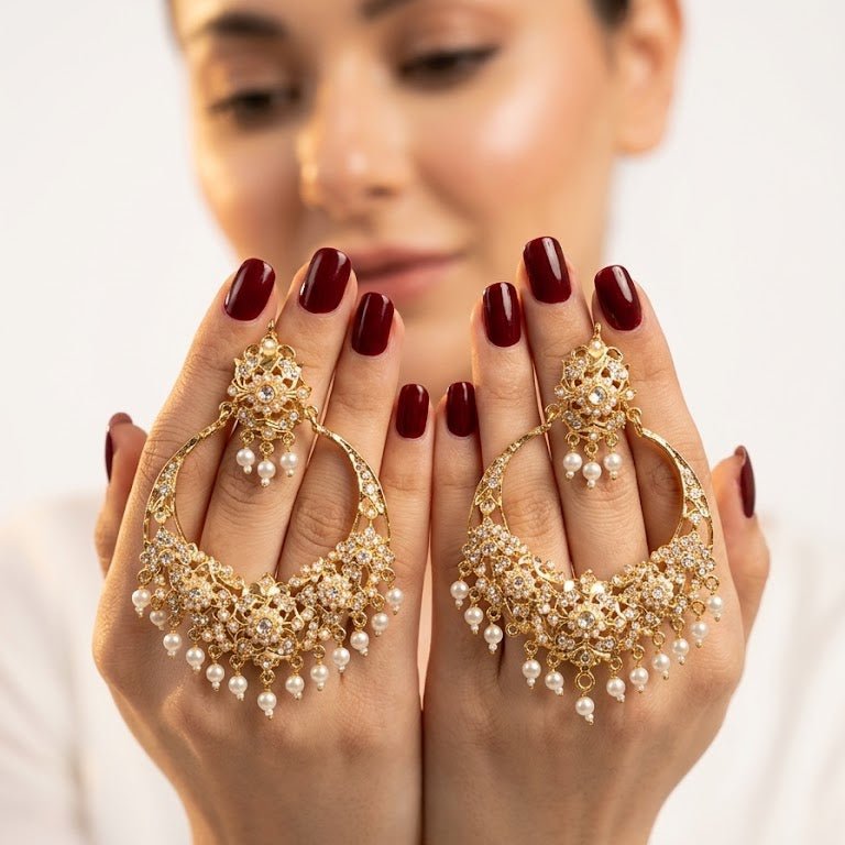 Gul - e - Rang Chandbali Earrings – 22K Gold Multicolour Kundan & Pearl Drops - Riwaaj