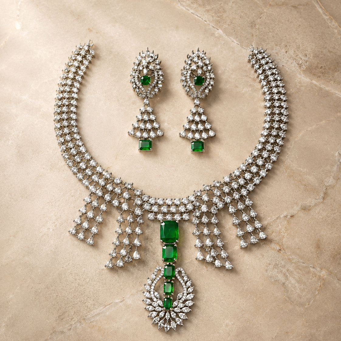Emerald Zircon Silver Necklace Set
