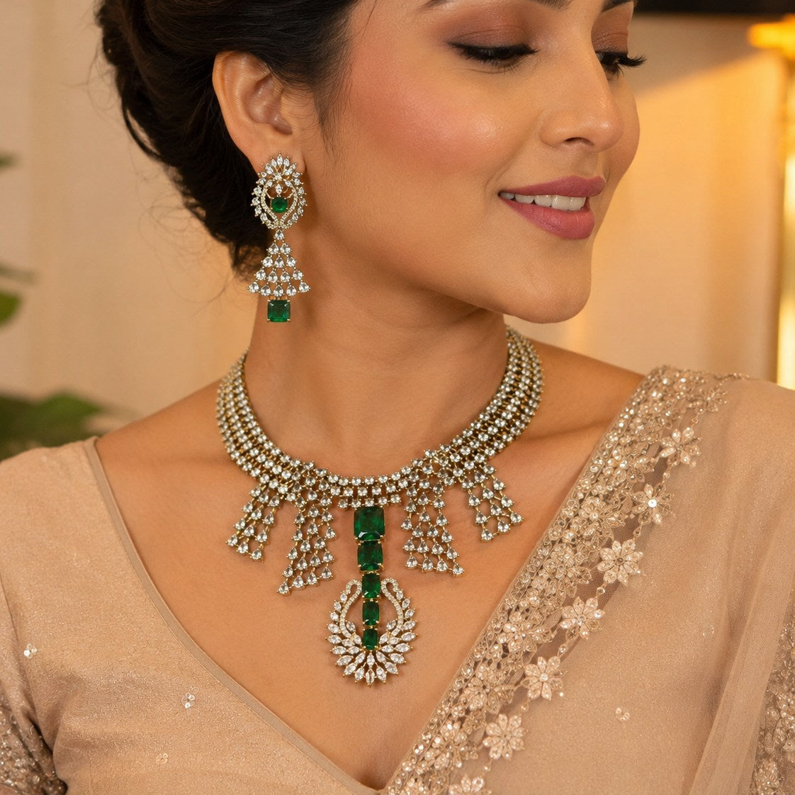 Emerald Zircon Silver Necklace Set