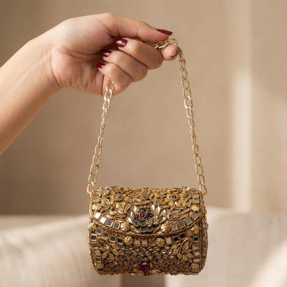 Shahi Noor Kundan Clutch – Bridal Evening Bag with Chain - Riwaaj
