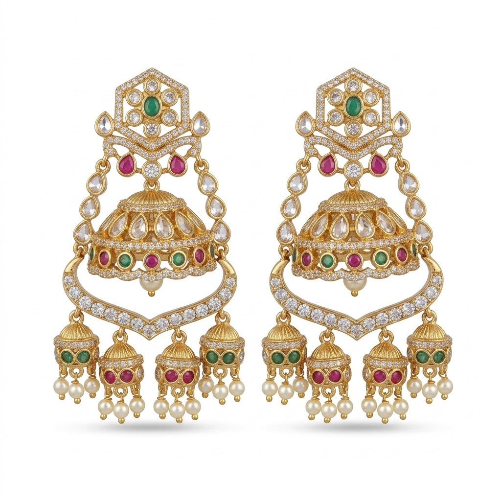 Majestic Chandbali Jhumka Earrings – Gold Kundan with Ruby & Emerald Drops