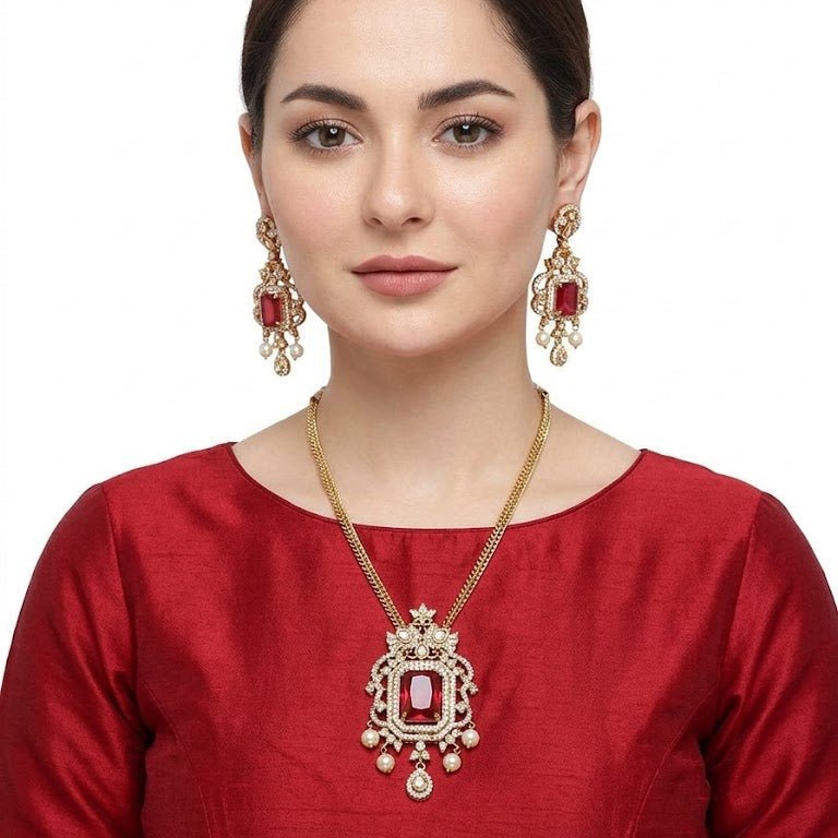Regal Jadau Kundan Necklace Set with Rectangular Gemstones & Pearl Drops - Riwaaj