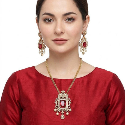 Regal Jadau Kundan Necklace Set with Rectangular Gemstones & Pearl Drops - Riwaaj