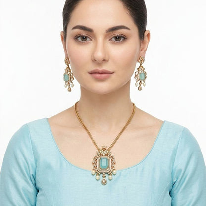 Regal Jadau Kundan Necklace Set with Rectangular Gemstones & Pearl Drops - Riwaaj