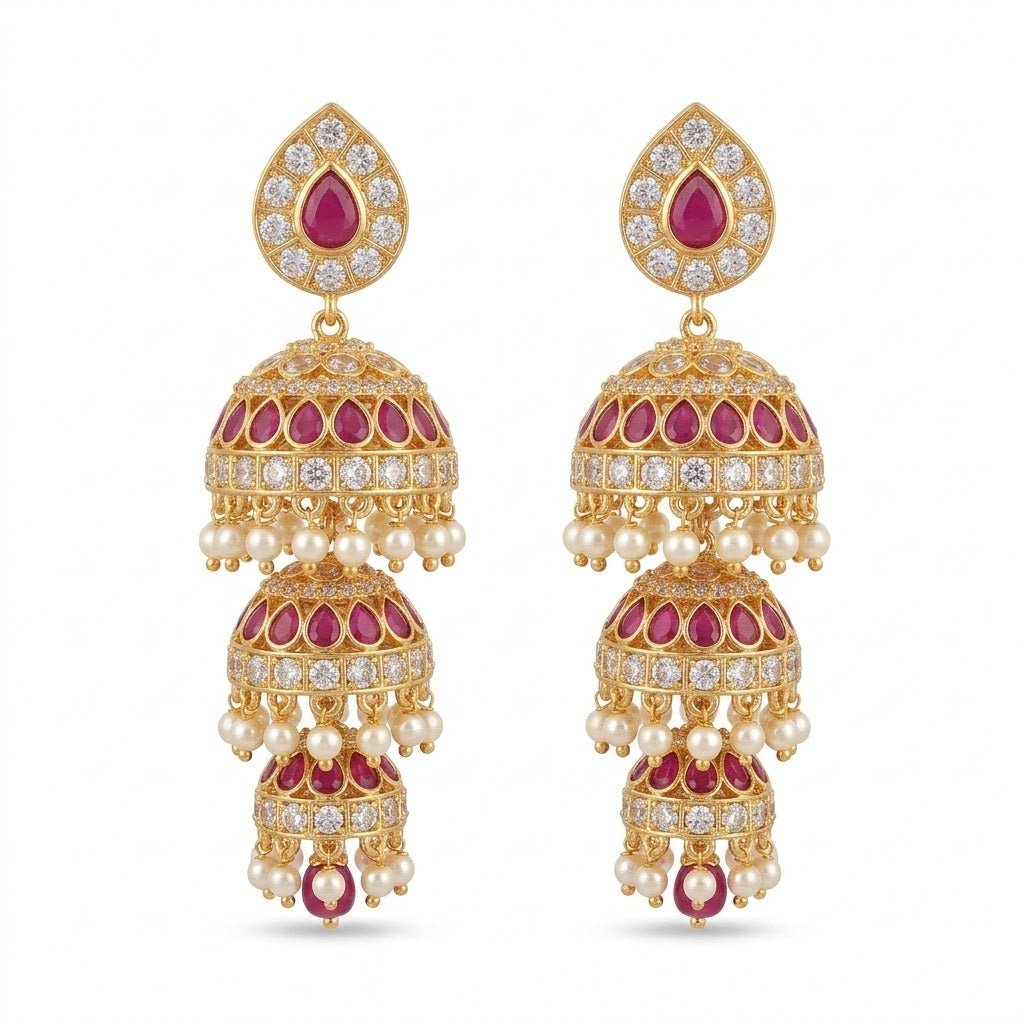 Heritage Three - Bell Jhumka Earrings – Gold Kundan, Emerald & Ruby - Riwaaj