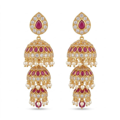 Heritage Three - Bell Jhumka Earrings – Gold Kundan, Emerald & Ruby - Riwaaj