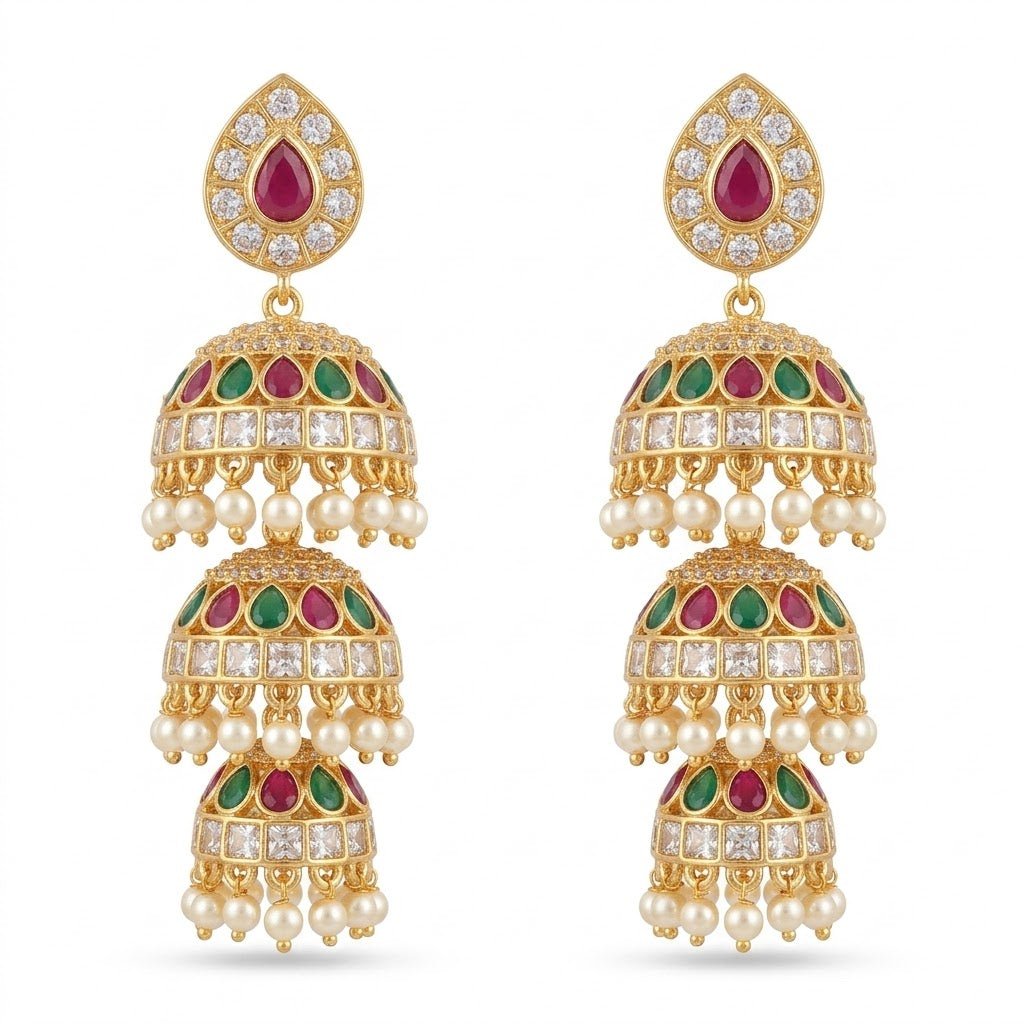 Heritage Three - Bell Jhumka Earrings – Gold Kundan, Emerald & Ruby - Riwaaj