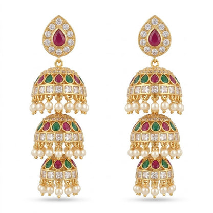 Heritage Three - Bell Jhumka Earrings – Gold Kundan, Emerald & Ruby - Riwaaj