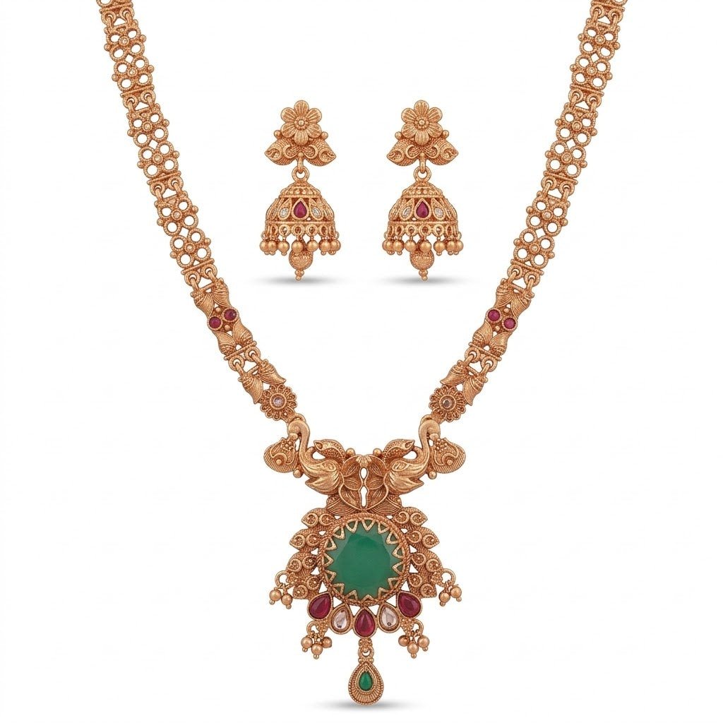 Traditional Antique Gold Temple Jewelry Set (Long Necklace & Jhumkas) - Riwaaj