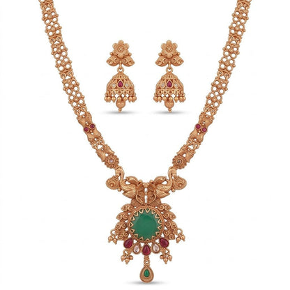Traditional Antique Gold Temple Jewelry Set (Long Necklace & Jhumkas) - Riwaaj