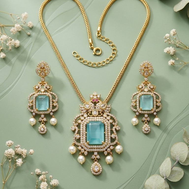 Regal Jadau Kundan Necklace Set with Rectangular Gemstones & Pearl Drops - Riwaaj