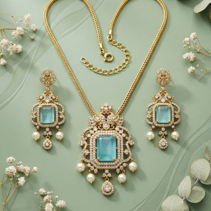 Regal Jadau Kundan Necklace Set with Rectangular Gemstones & Pearl Drops - Riwaaj