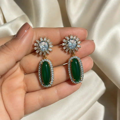 Nayab Crystal Oval Drop Statement Earrings – Green
