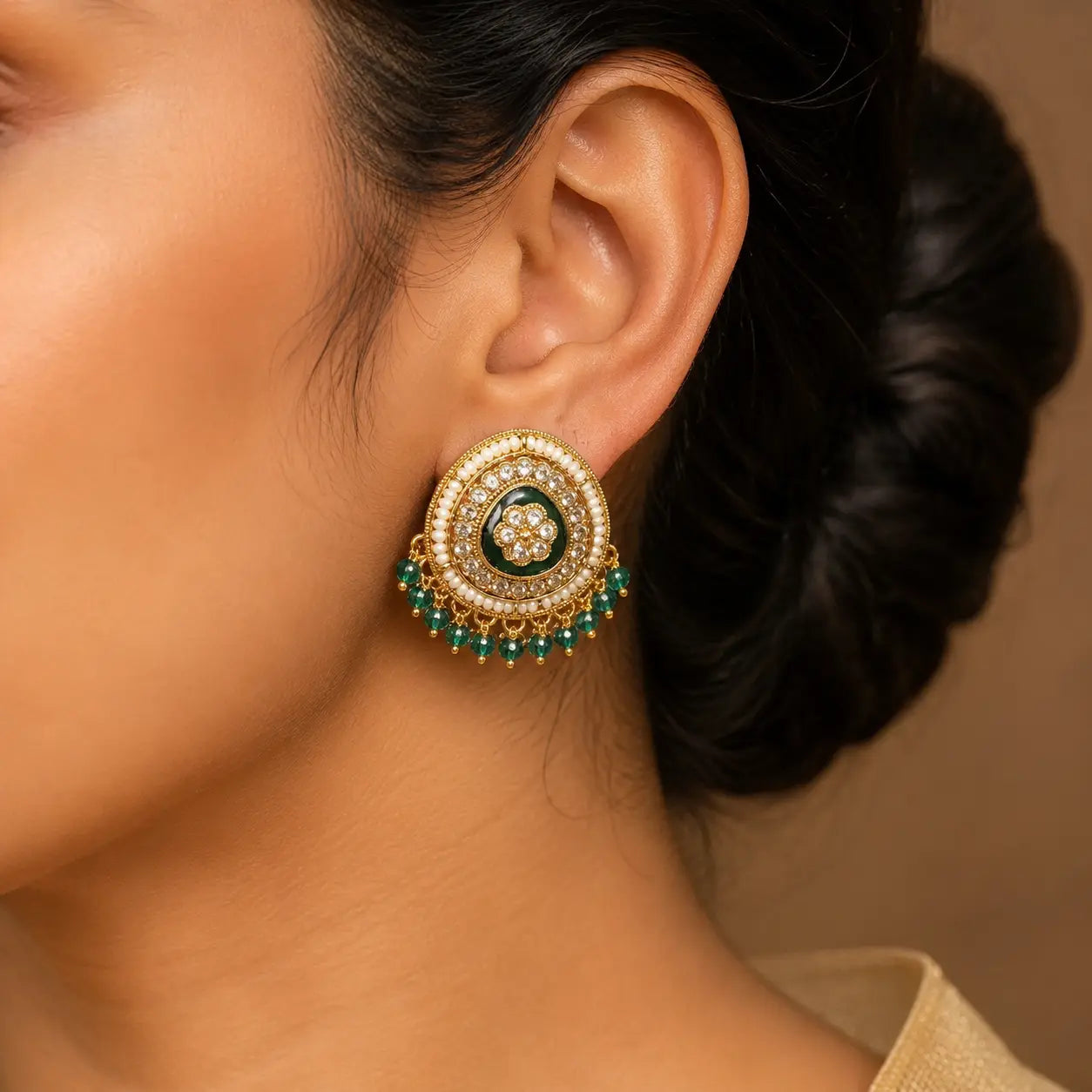 Afsana green Kundan stud worn close-up