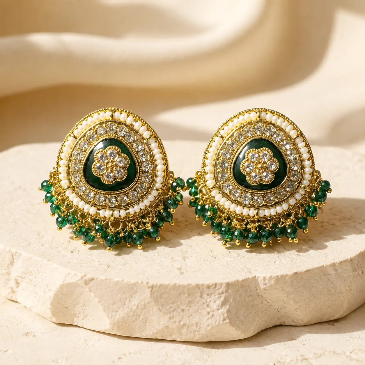Afsana green Kundan pearl teardrop stud earrings product view