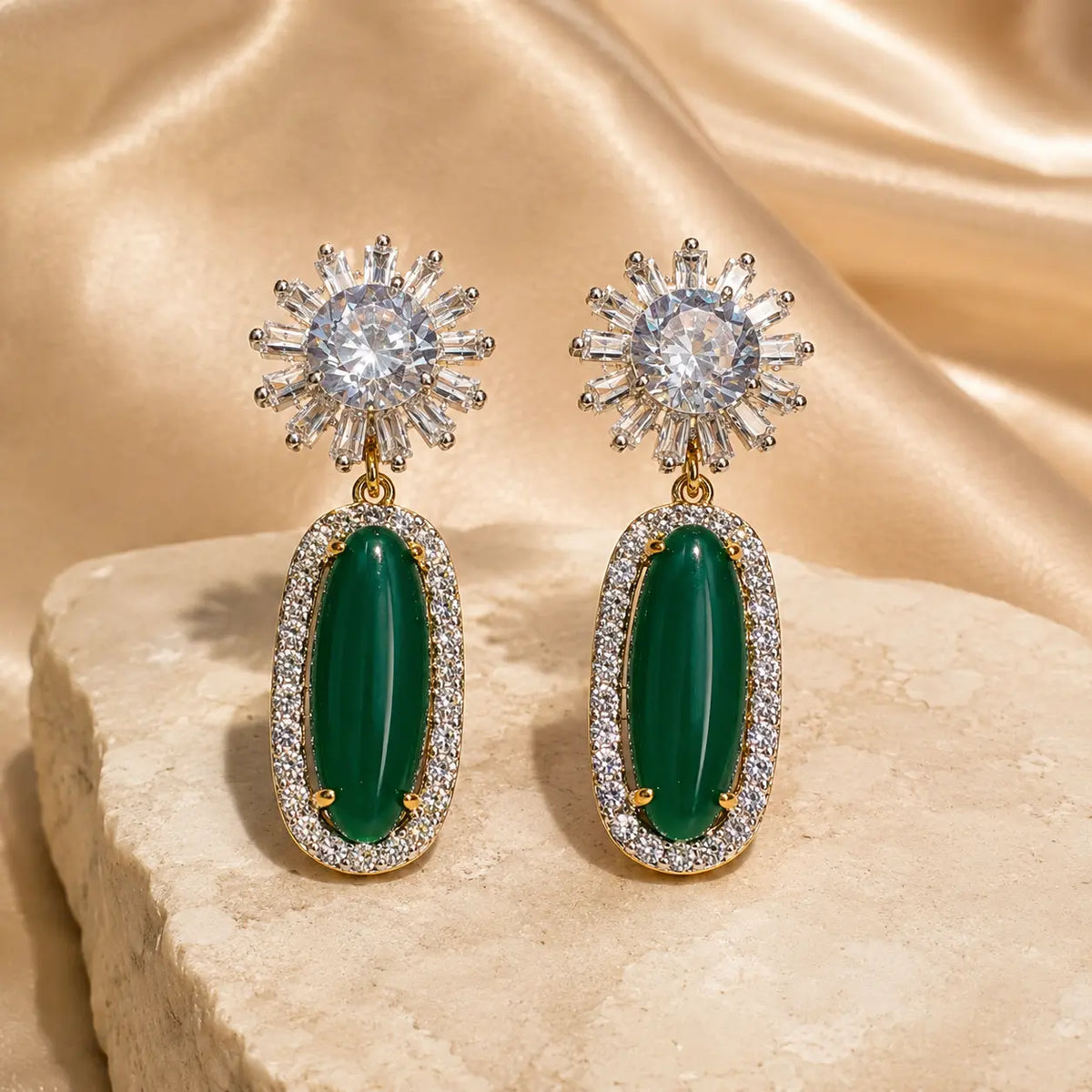 Nayab Crystal Oval Drop Statement Earrings – Green