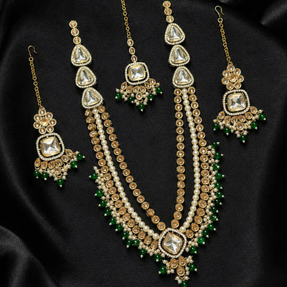 Kundan Pearl Mala Necklace Set with Teeka