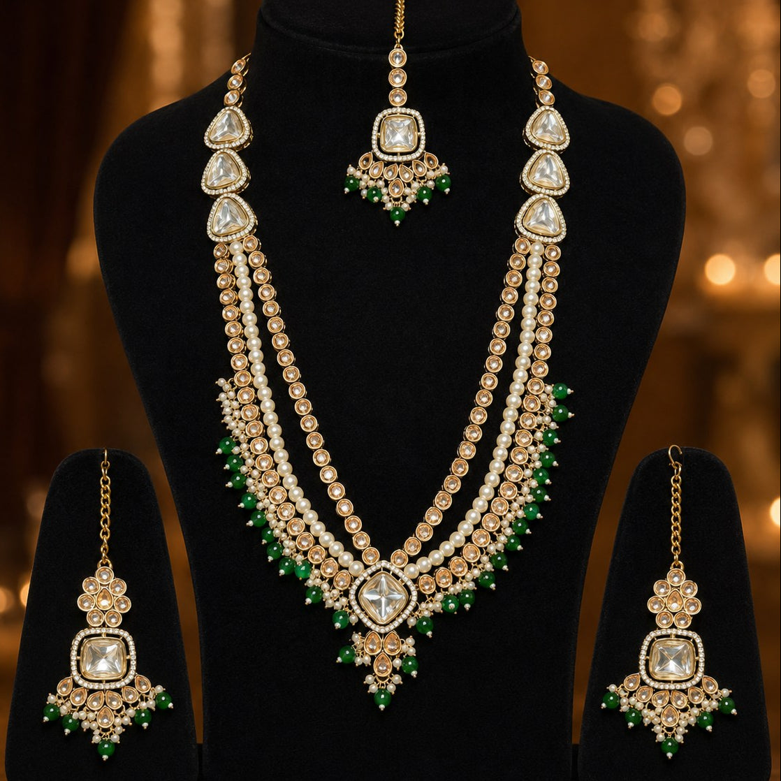 Kundan Pearl Mala Necklace Set with Teeka