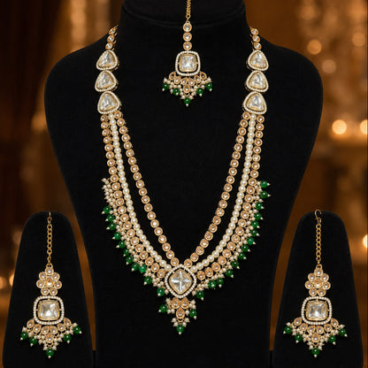 Kundan Pearl Mala Necklace Set with Teeka