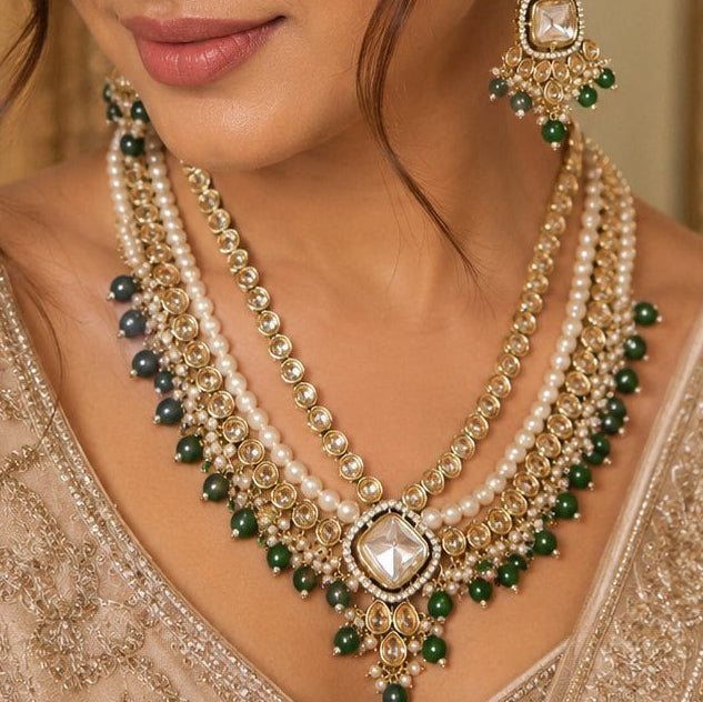 Kundan Pearl Mala Necklace Set with Teeka