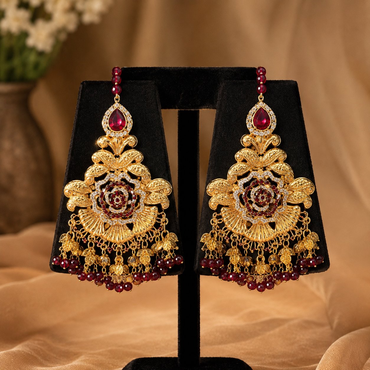 Gulrukh Ruby Floral Kundan bridal earrings solo product shot