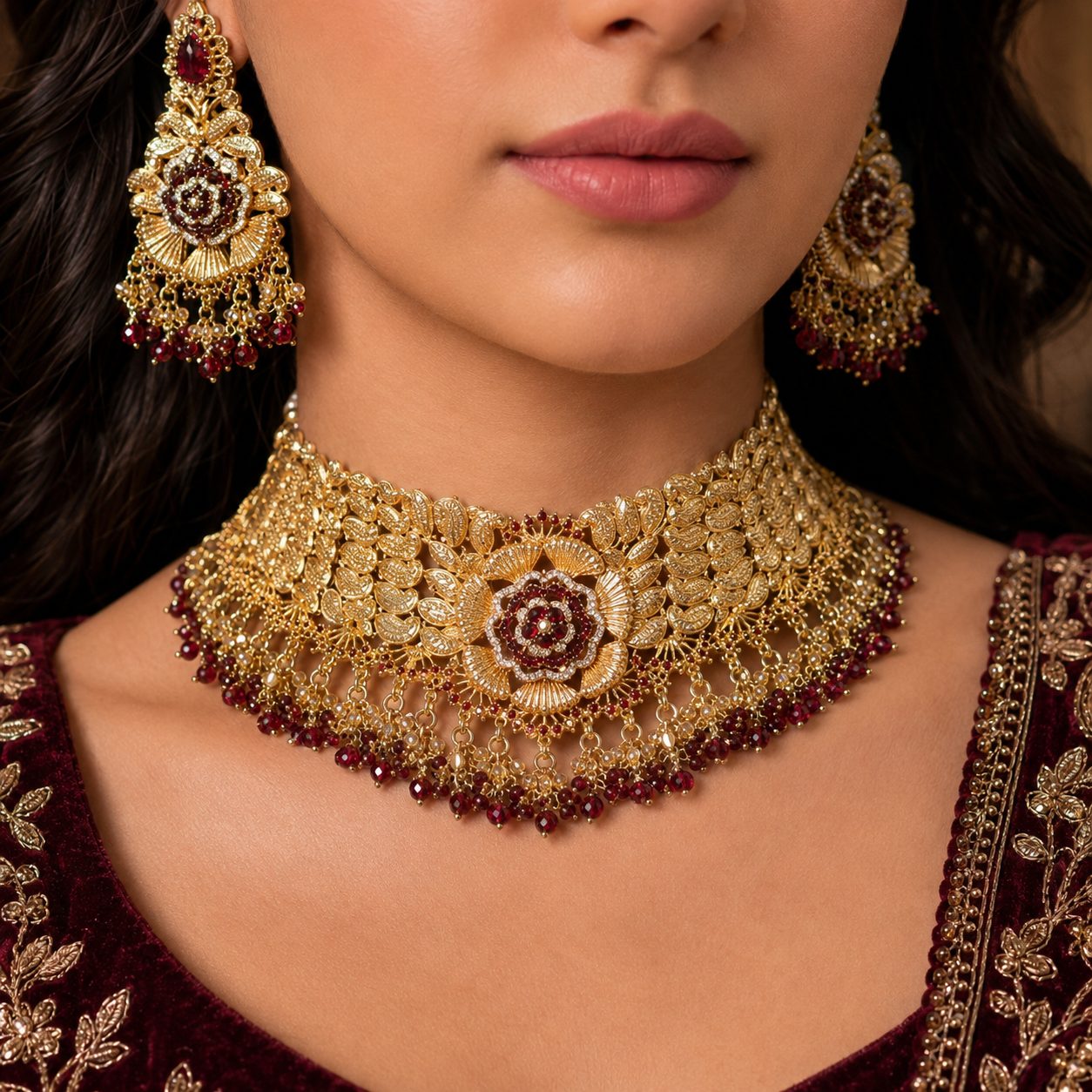 Gulrukh Ruby Floral Kundan bridal choker model close-up