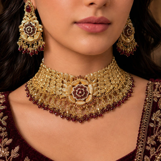 Gulrukh Ruby Floral Kundan bridal choker model close-up