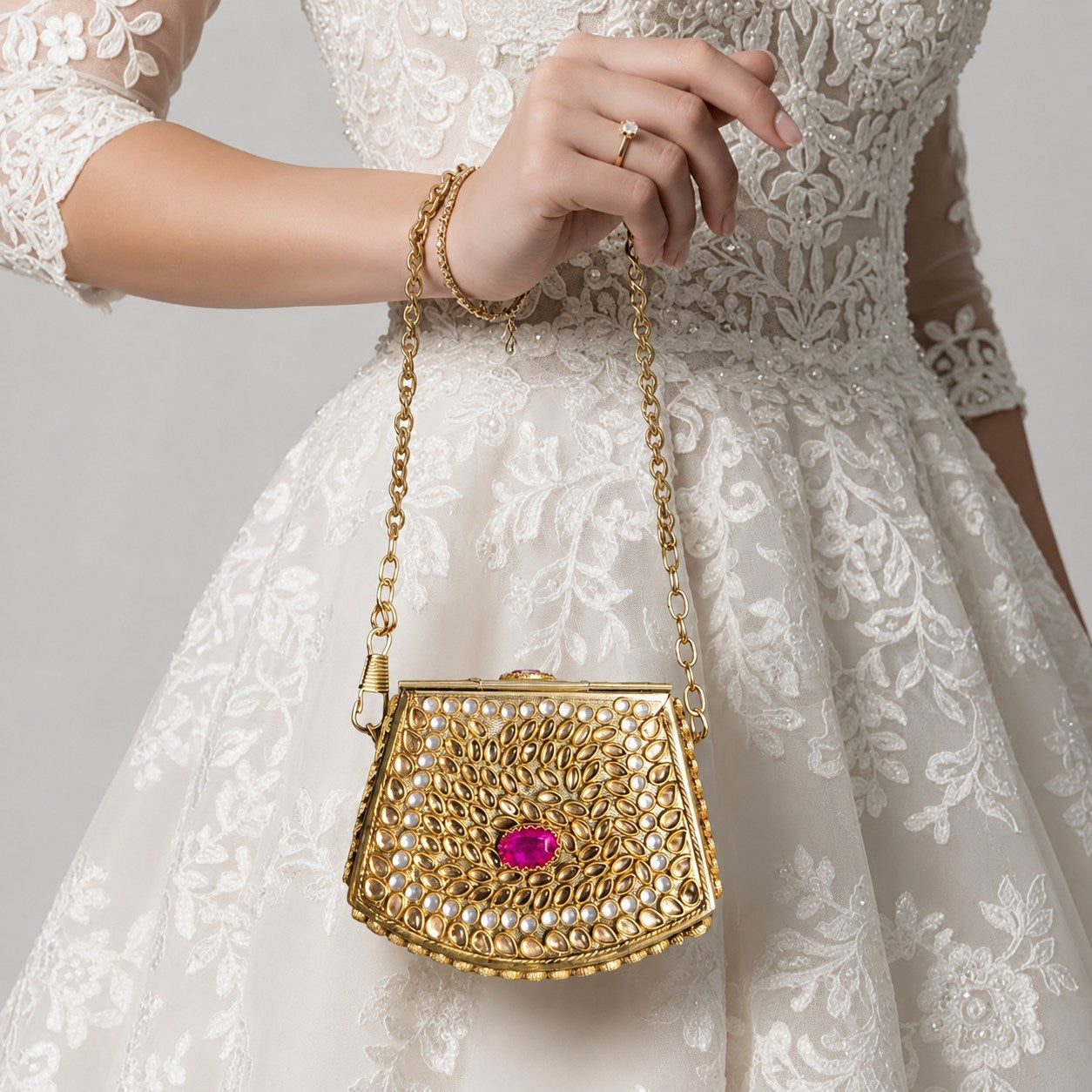 Gold Kundan Pearl Clutch with Fuchsia Gem & Chain Strap