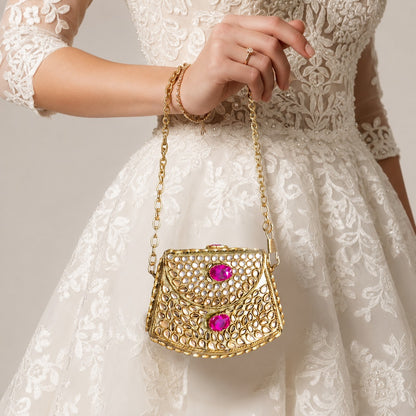 Gold Kundan Pearl Clutch with Fuchsia Gem & Chain Strap