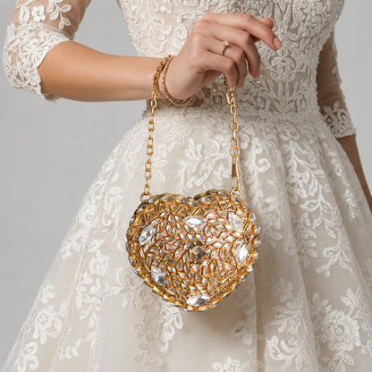 Gold Crystal Heart Shaped Clutch with Chain Strap