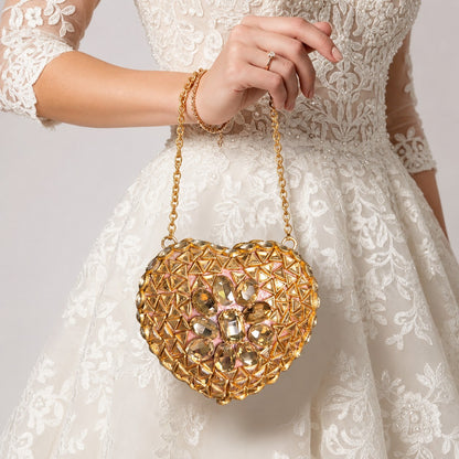 Gold Crystal Heart Shaped Clutch with Chain Strap