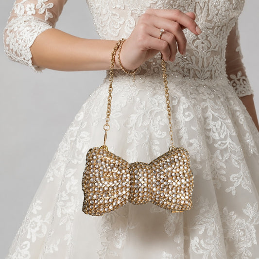 Gold Pearl Bow Shaped Clutch with Chain Strap