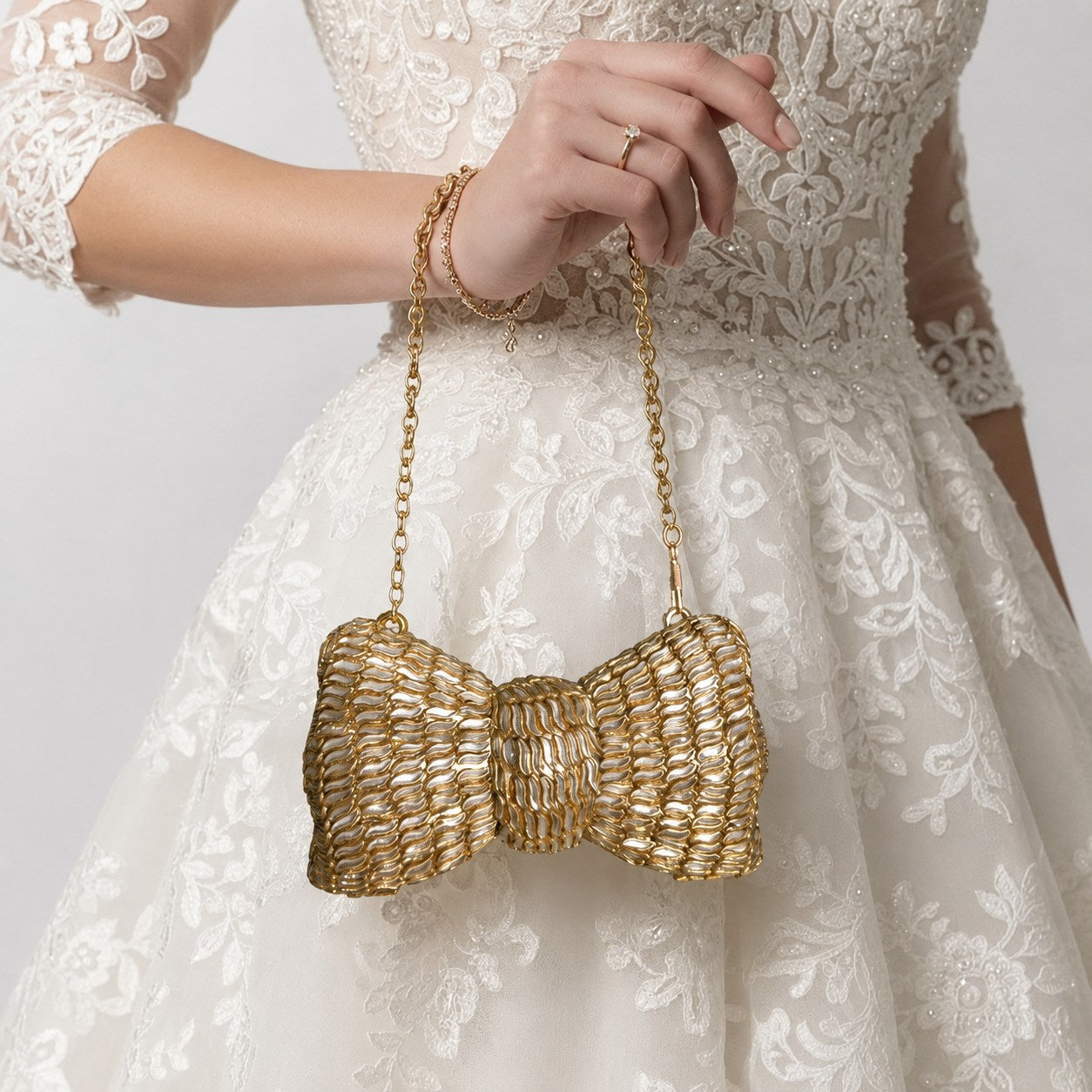 Gold Pearl Bow Shaped Clutch with Chain Strap