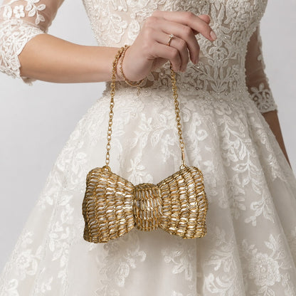 Gold Pearl Bow Shaped Clutch with Chain Strap