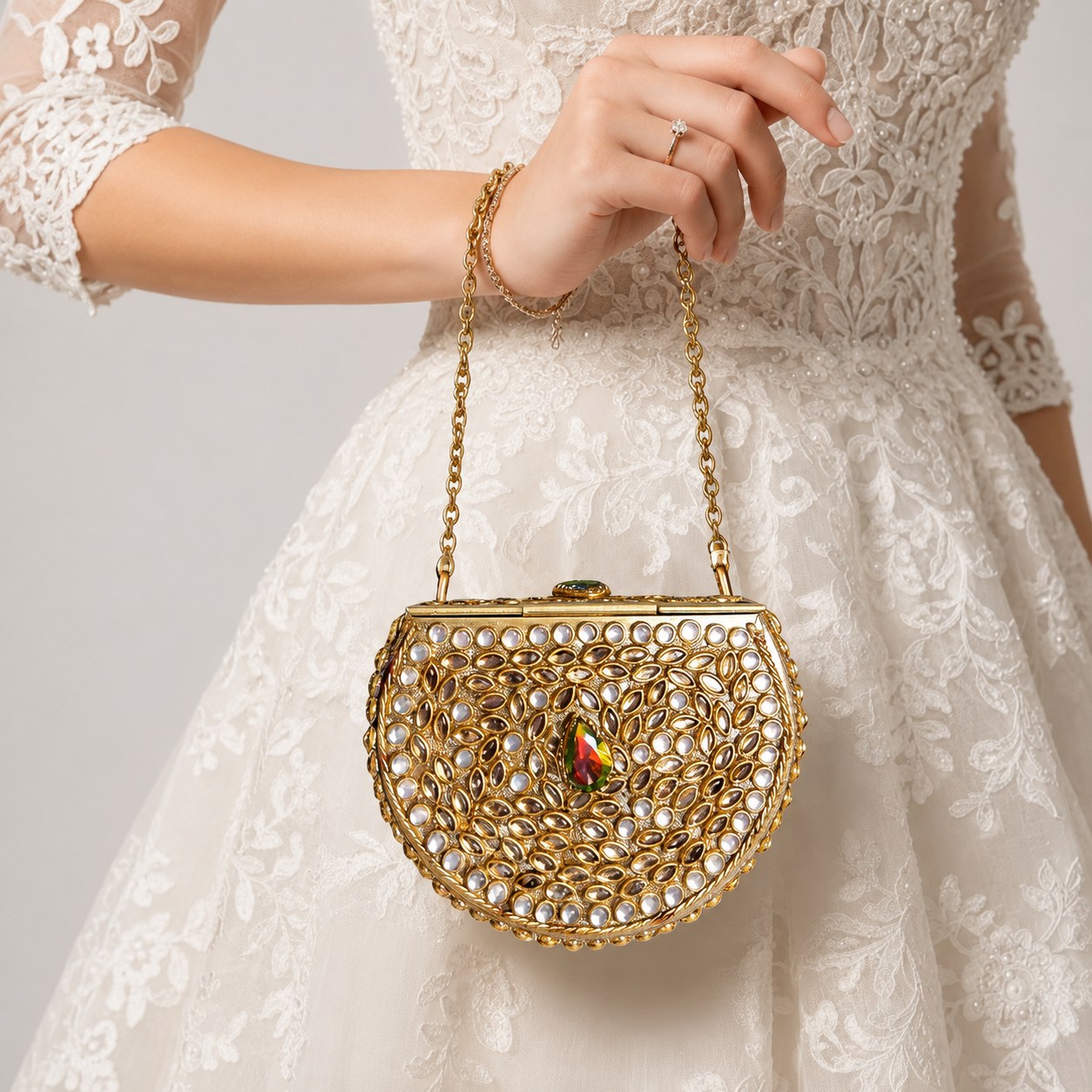 Gold Kundan Pearl Half Moon Bag with Emerald Gem