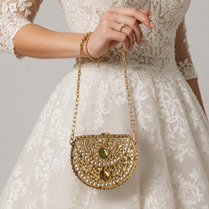 Gold Kundan Pearl Half Moon Bag with Emerald Gem