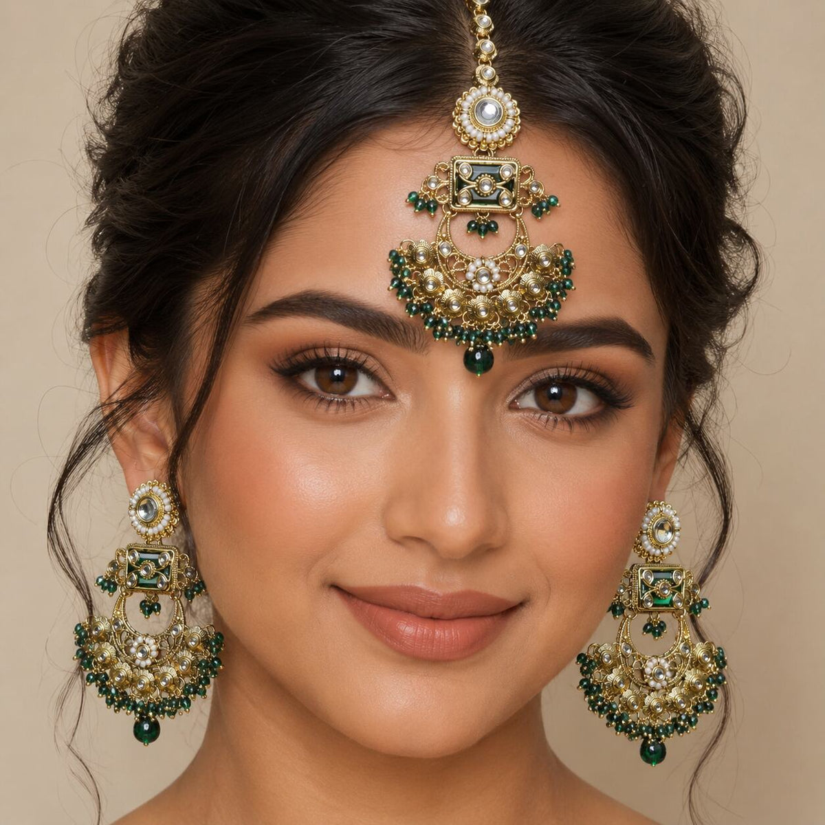 Haniya Green Gold Kundan Chandbali Earrings and Teeka Set model view