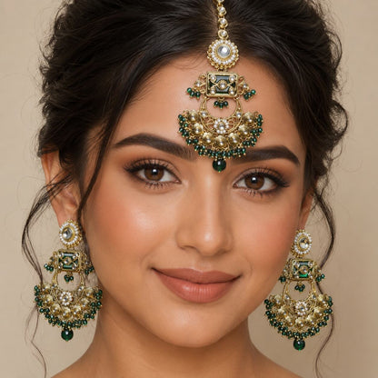 Haniya Green Gold Kundan Chandbali Earrings and Teeka Set model view