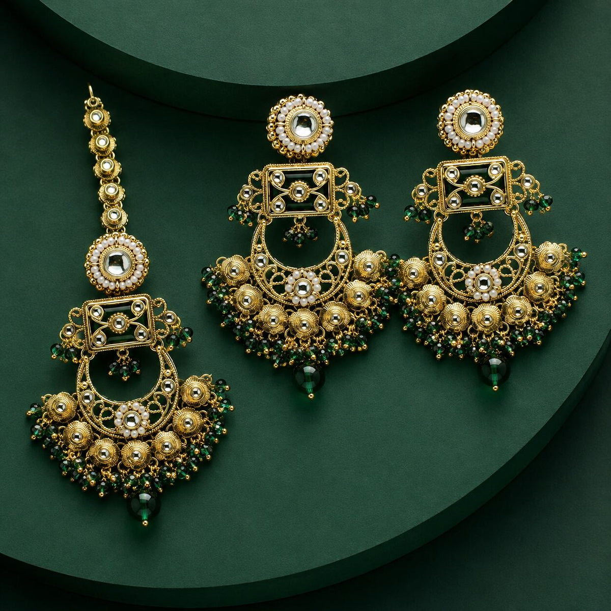 Haniya Green Gold Kundan Chandbali Earrings and Teeka Set