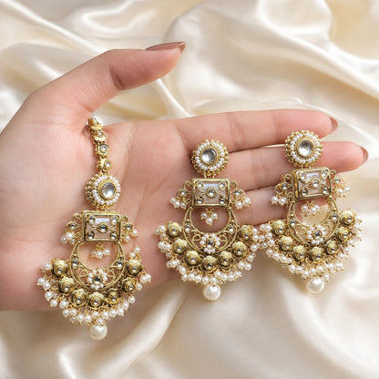 Haniya Pearl Gold Kundan Chandbali Earrings and Teeka Set hand-held view