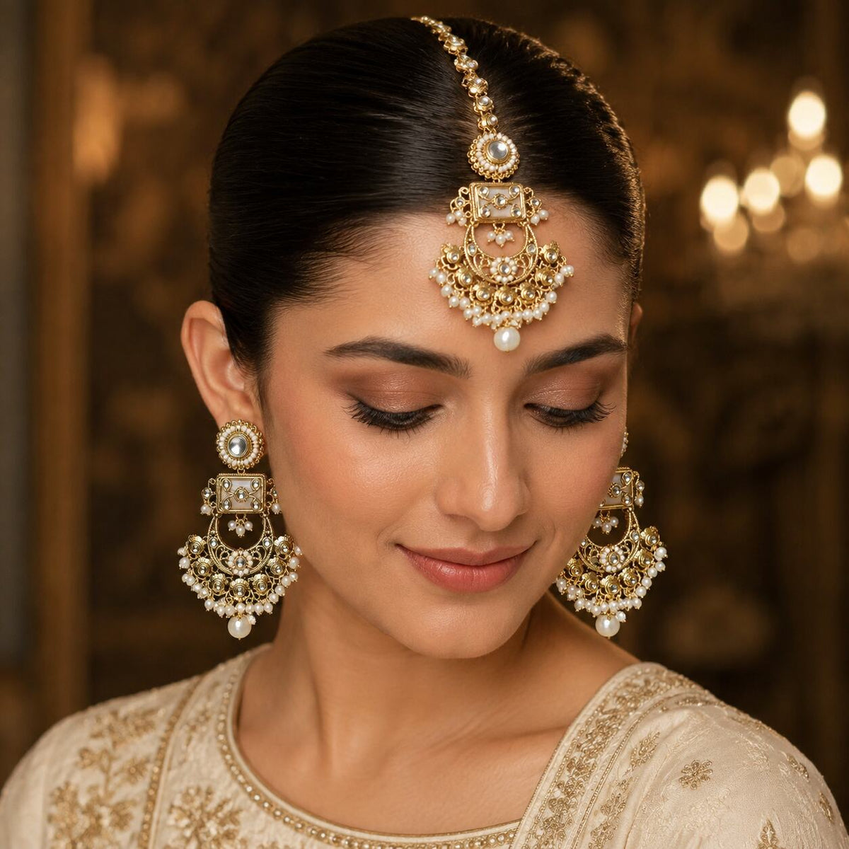 Haniya Pearl Gold Kundan Chandbali Earrings and Teeka Set model view