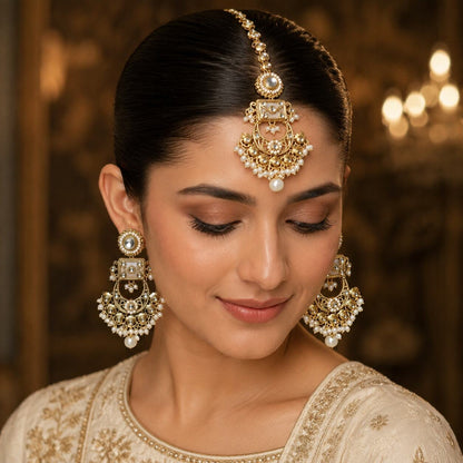 Haniya Pearl Gold Kundan Chandbali Earrings and Teeka Set model view
