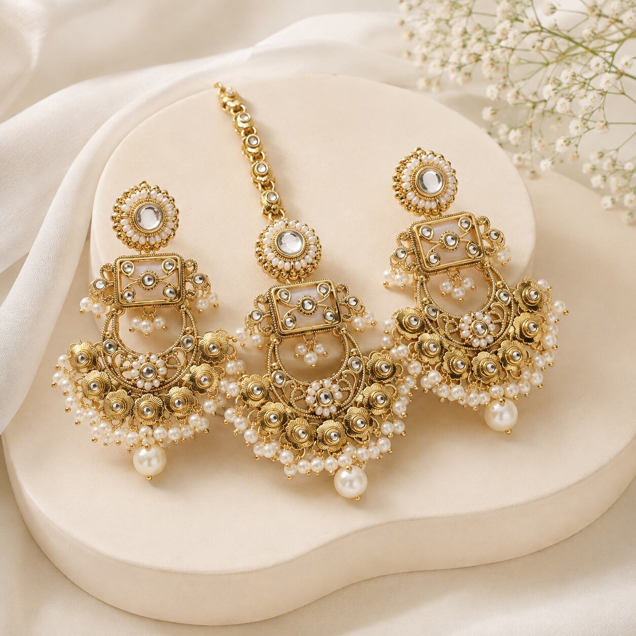 Haniya Pearl Gold Kundan Chandbali Earrings and Teeka Set