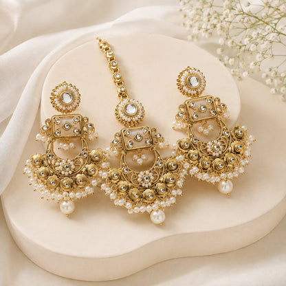 Haniya Pearl Gold Kundan Chandbali Earrings and Teeka Set