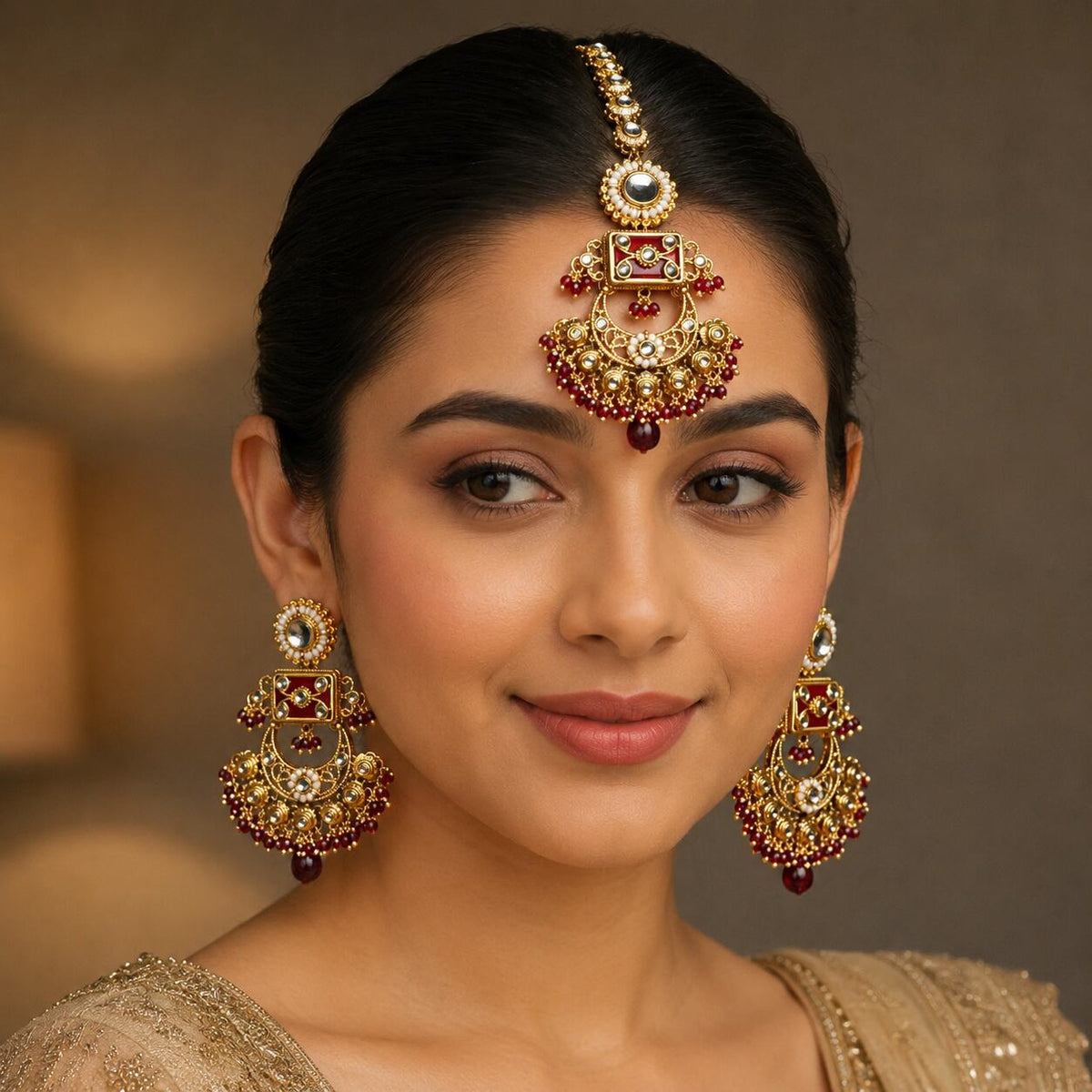 Haniya Red Gold Kundan Chandbali Earrings and Teeka Set model view