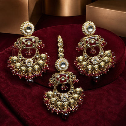 Haniya Red Gold Kundan Chandbali Earrings and Teeka Set