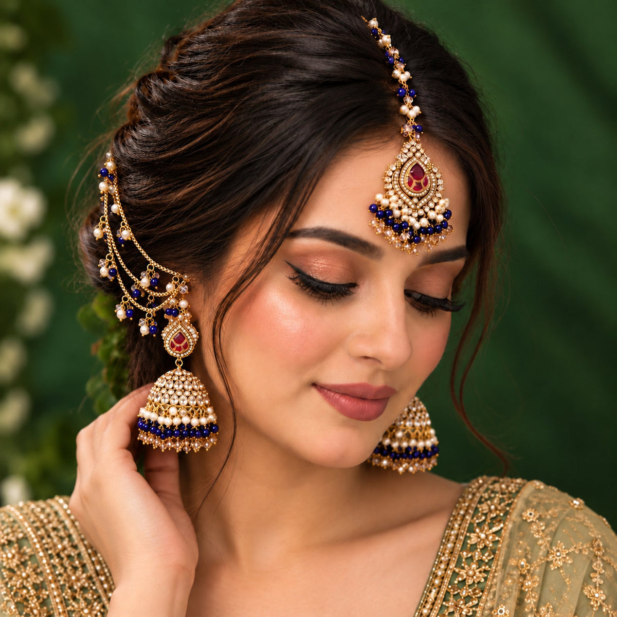 Neelam Blue Jhumka Earrings & Teeka Set with Sahara