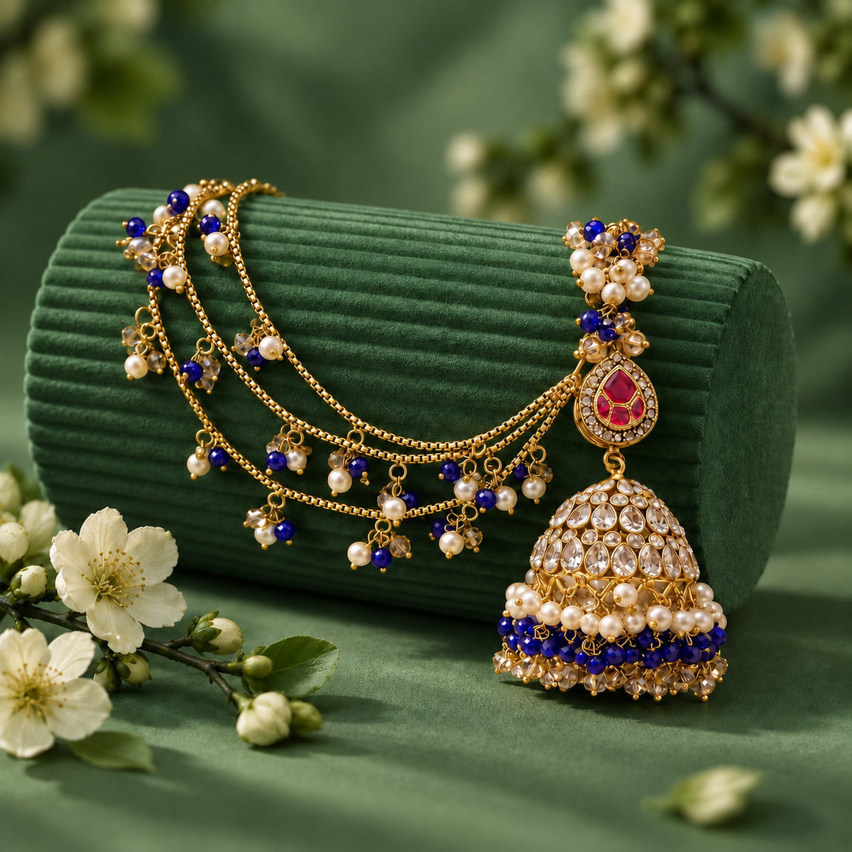 Neelam Blue Jhumka Earrings & Teeka Set with Sahara